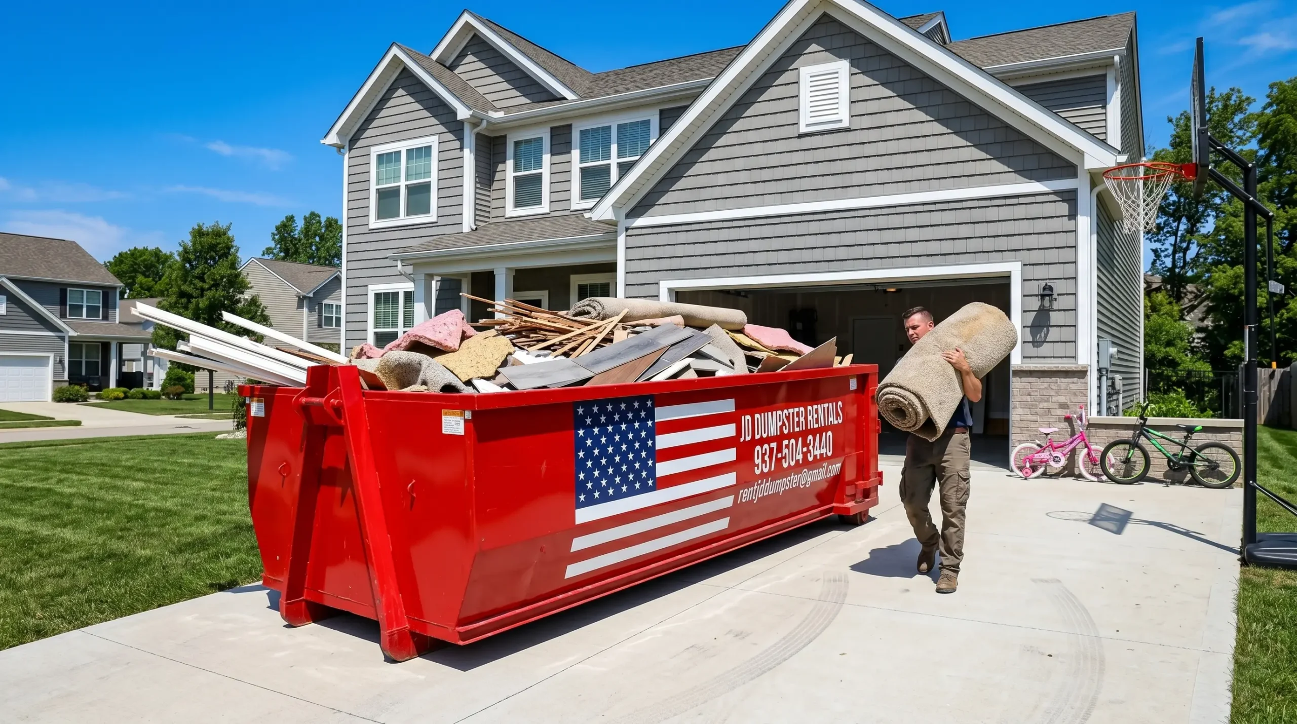JD Dumpster Rentals red roll off dumpster on site in Central Ohio